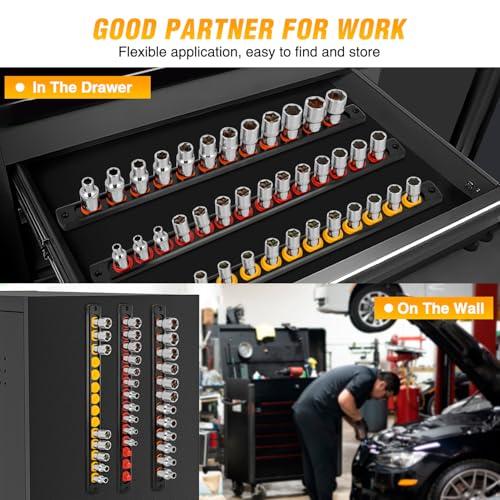 GOOACC Magnetic Socket Organizer 1/4" 3/8" 1/2" Socket Holder Set with 40 360° Swivel Clips Heavy Duty Aluminum Socket Rail Organizer for Tool Box Drawer, 3 Pieces Drive Magnetic Socket Rails Holders - size: Rail Magnetic 3PC 1/4"3/8"1/2"Orange Red Yellow