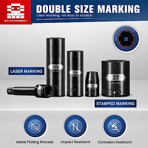 BLACKROBOT 59PCS 3/8" and 1/2” Drive Impact Socket Set, Metric/SAE Deep/Shallow, Cr-Mo, 6-Point, 5/16" to 1-1/4", 6mm - 32mm, Includes Socket Adapter and Extension Bar