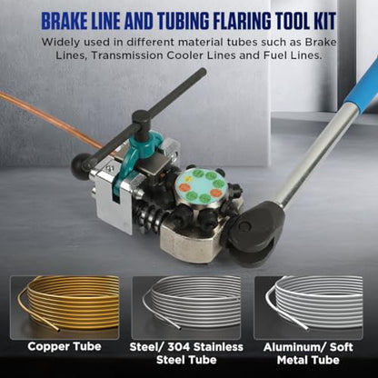 Professional Brake Line Flaring Tool Kit for 45 Degree Single, Bubble, Double Flares, Brake Line and Tubing Flaring Tool for 3/16", 1/4", 5/16", 3/8", 4.75mm Tubing for Metal, Stainless Steel, Copper