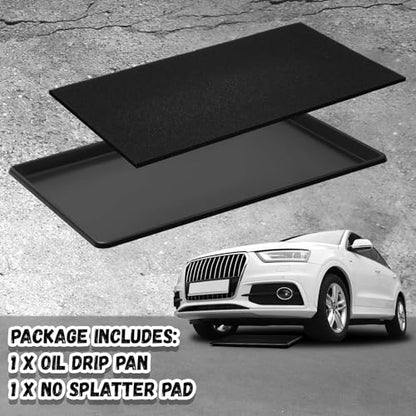 Uiifan 1 Set Oil Catch Pan with Anti-Splash Pad, 35 x 24 x 1.4 Inch Large Heavy Duty Oil Drain Pan for Under Car, Chemical & Heat Resistant Drip Tray for SUV Truck Garage Protection