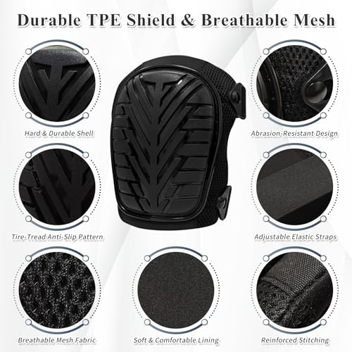 Gute Work Knee Pads for Men & Women, Anti-Slip TPE Shield Knee Protectors with Adjustable Straps & Breathable Mesh, Heavy-Duty Kneepads for Construction, Gardening, Flooring & Cleaning (Black)