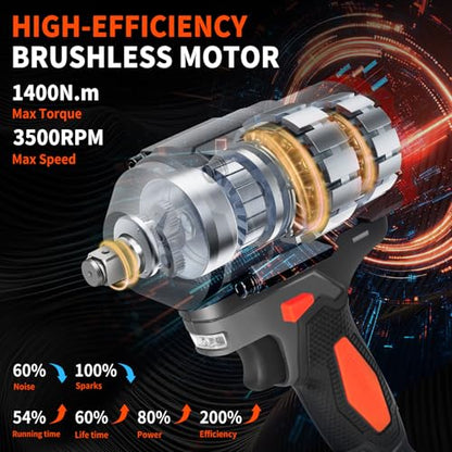 1400N.m Cordless Impact Wrench, 1/2' 21V Heavy Duty Brushless Impact Gun with 2 x 4.0Ah Battery & 5 Sockets, 3 Speeds Adjustment, 1050ft-lbs Electric Pistola Llave de Impacto for Car Truck Tires Mover