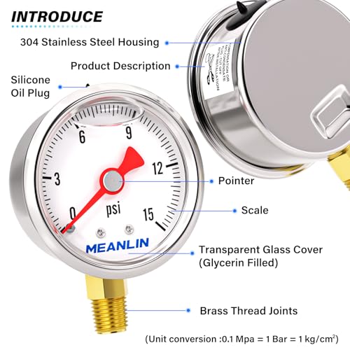 MEANLIN MEASURE 0~15Psi Stainless Steel 1/8" NPT 1.5" FACE DIAL, Glycerin Filled Pressure Gauge, Liquid Filled, Water Oil Air, Lower Mount, with 1/4" NPT and 3/8" NPT Hex Bushing - size: 0-15Psi