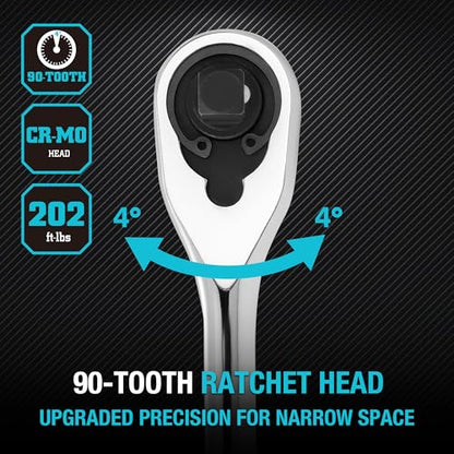 DURATECH Extra Long Handle 3/8-Inch Drive Ratchet, 90-Tooth Ratchet Wrench with 12" Handle and Dust Proof Teardrop Enclosed Head, Reversible, CR-V Steel Made, CR-MO Head, Full Polished, Gifts for Men - size: 3/8" with 12" handle
