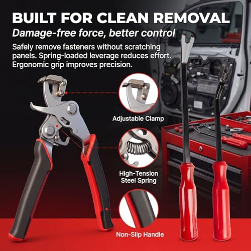 Car Clip Pliers, Auto Trim Removal Tool Set with 2Pcs Stainless Steel Fastener Remover, Labor-Saving Spring Lever Pliers for Car Interior, Door Panel, Dashboard, Plastic Clips, Buckles & Rivets