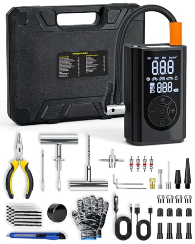 Tire Repair Kit with Portable Air Compressor, Tire Plug Kit 58PCS with Cordless Tire Inflator (150 PSI) for Car, Motorcycle, Tractor, Truck, Ball