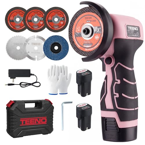 TEENO Cordless Angle Grinder Kit, 19,500 RPM Mini Electric Angle Grinding Tool with 2 Pcs 16.8V 2000mAh Batteries and 6 Cutting Discs, 3-Inch Handheld Grinder for DIY & Home Improvement, Pink - color: Pink