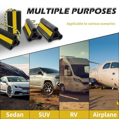 Wheel Chocks for Travel Trailers Camper RV Truck Car, Solid Rubber Sturdiness Heavy Duty Simple Easy to Use, Tires Chock Block Stopper with Nylon Rope Yellow Reflective Tape [8.2" 2pair/4pack] - size: 8.2" 2pair