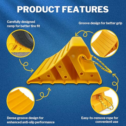 ROBLOCK 2 Pack Wheel Chocks for RV Trailer, Wider Lightweight Wheel Stops with Rope, Yellow Non-Slip Wheel Chocks for Travel Trailers, RV Accessories | Wider, Non-Slip, Lightweight