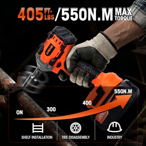 LLNDEI Cordless Impact Wrench 1/2 Inch, Power Impact Gun Kit, Max 550N.M/405Ft-lbs, 3900RPM, High Torque Electric Impact Driver with Drill Bits, Screwdriver Bits and sockets