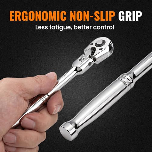 Flex Head 3/8" Drive Ratchet Wrench, 90T Long Reach Ratchet, Quick-Release Reversible with Cr-Mo Head and 6" Extension Bar for Tight Spaces & Automotive Repair - size: 3/8"