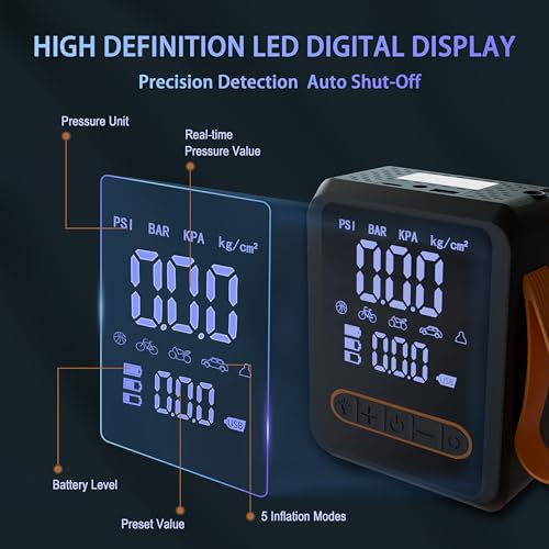Tire Inflator Portable Air Compressor, 150PSI Heavy Duty Dual Cylinder Air Pump, 12V DC 13FT Extra Long Power Cable & Cordless Car Tire Pump, Digital Pressure Gauge, LED Light, Auto Shut-Off