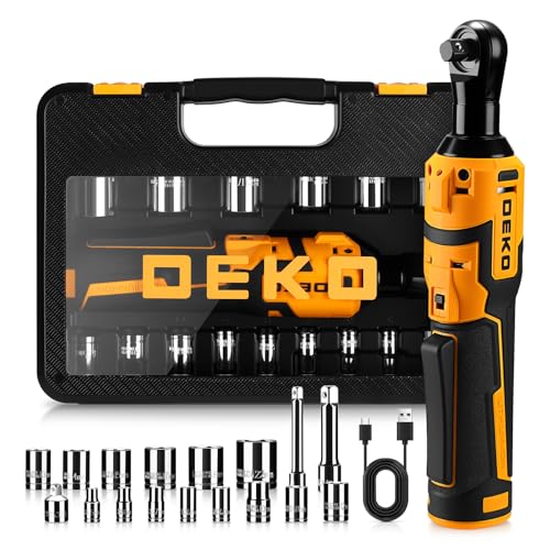 DEKOPRO Cordless Electric Ratchet Wrench Set 3/8" 450RPM Power Ratchet Tool Kit, 19Pcs Cordless Ratchets Wrench Set with Variable Speed,14 Sockets,3/8" to1/4 Adapter,2 Extension Bars, Charging Line