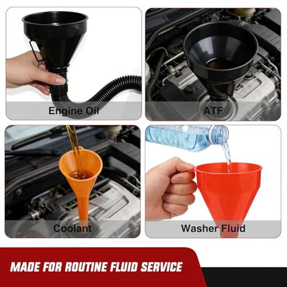 GOOACC 3 Pcs Automotive Funnels Set - Wide Mouth Oil Funnel, Long Neck Fuel Funnel, Flexible Right Angle Funnels for Gas Transfer, Coolant - Heavy Duty Plastic Funnels for Cars Trucks - size: 3PCS