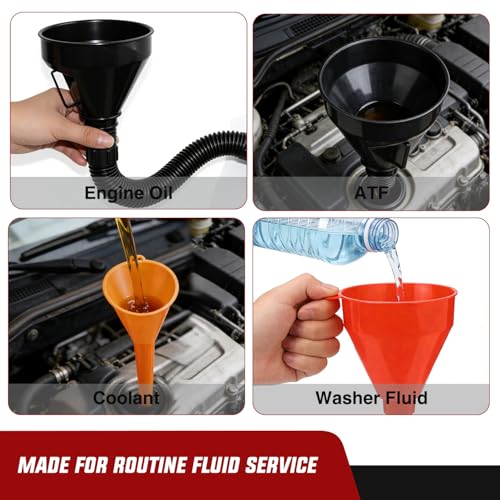 GOOACC 3 Pcs Automotive Funnels Set - Wide Mouth Oil Funnel, Long Neck Fuel Funnel, Flexible Right Angle Funnels for Gas Transfer, Coolant - Heavy Duty Plastic Funnels for Cars Trucks - size: 3PCS