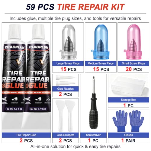 Tire Plugs Rubber Nails 3 Sizes & Repair Glue 100ML for Flat Tire Repair | Emergency Tire Repair Kit for Cars, Motorcycles, Trucks, Tractors & Bicycles, Puncture Fast Repair, No Tire Removal Required