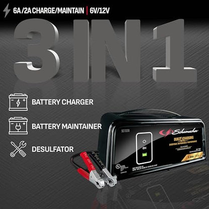 Schumacher Electric 6A Car Battery Charger and Maintainer, 3-in-1 Solution, for 6V/12V Power Sport, Automotive, and Marine Batteries, SC1320 - size: 6V/12V 6A Battery Charger and Maintainer