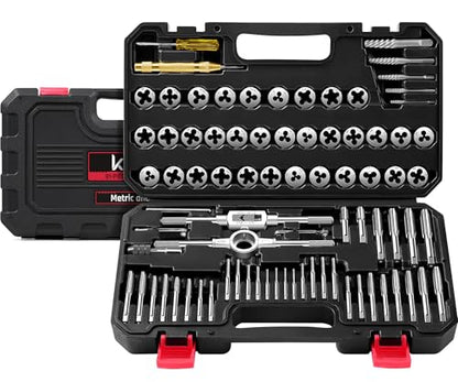 Kolvoii 81-Piece Tap and Die Set, SAE & Metric #4–1/2" & M3–M12, Heavy-Duty GCr15 Steel Rethreading Tool Kit with Coarse and Fine Threads for Internal and External Threads - size: 81-Piece Metric & SAE