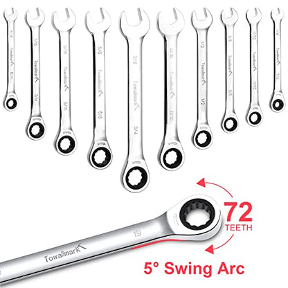 Towallmark 20-Piece Ratcheting Combination Wrench Set, Combo Ratchet Wrenches Set, 72 Teeth, SAE 1/4-3/4"& Metric 6-19mm, Chrome Vanadium Steel with Storage Bag