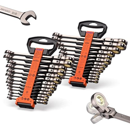 26-Piece Flex head Ratcheting Wrench Set (Metric & SAE), 72 Teeth Combination Wrench Set w/Organizer Rack,Cr-V Steel,6-19mm &1/4-7/8", Black Nickel Handle with Golden Ratchet - color: Flex Head