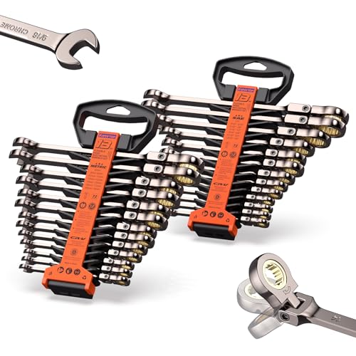 26-Piece Flex head Ratcheting Wrench Set (Metric & SAE), 72 Teeth Combination Wrench Set w/Organizer Rack,Cr-V Steel,6-19mm &1/4-7/8", Black Nickel Handle with Golden Ratchet - color: Flex Head