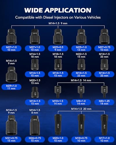 Orion Motor Tech Pneumatic Injector Puller Set for Diesel Engines, 23 pcs 5-8 Bar Air Vibration Injector Removal Tool Kit with Extractor Hammer, 19 Adapters, Extension Hose, and EU US Connectors