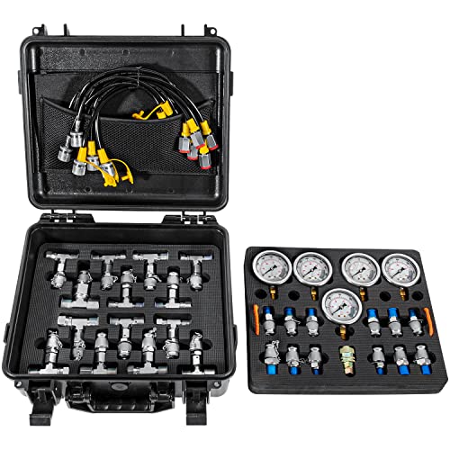 Hydraulic Pressure Test Kit with 5 Gauges 13 Test Couplings 14 Tee Connectors 5 Test Hoses for Excavator Construction Machinery 10/100/250/400/600bar 150/1500/4000/6000/9000PSI - style: 5 Gauges 27 Test Couplings