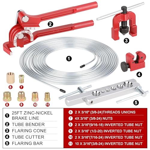 Hromee 3/16 Inch Brake Line Flaring Tool Kit with Zinc-Plated Brake Lines, 16pcs Fittings, 2pcs Union, 4pcs Nut and Single Flare Tool