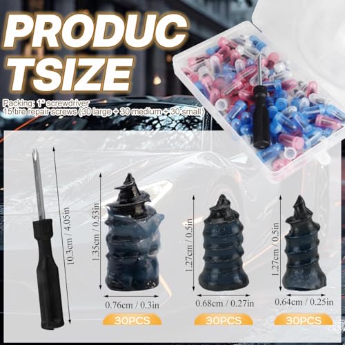 Tire Plug Screws Kit Tire Repair Rubber Studs with Screwdriver 3 Size Mending Nail Plugs Tyre Repair 90 Pieces - size: 3 Size 90 Count
