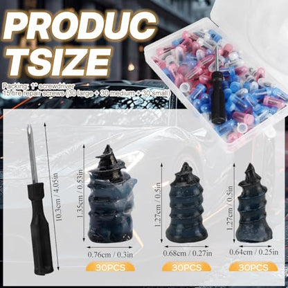 Tire Plug Screws Kit Tire Repair Rubber Studs with Screwdriver 3 Size Mending Nail Plugs Tyre Repair 90 Pieces - size: 3 Size 90 Count