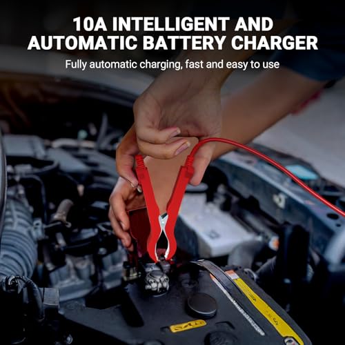 Battery Charger 10A 12V Fully Automatic Smart Car Battery Charger with LCD Display & Temperature Compensation for Car Motorcycle Vans - color: Black