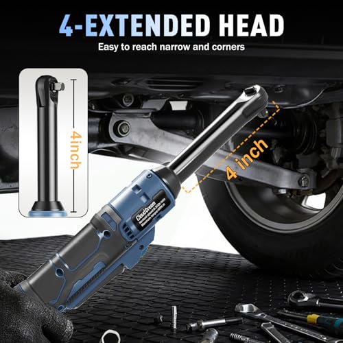 CloudDream 3/8" Cordless Electric Ratchet Wrench,45Ft-lbs(60N.m) Extended Ratchet Set with 2x 2.0Ah Batteries, Variable Speed Power Driver, 6 Sockets, 1/4" Adaptor & 3" Extension Bar
