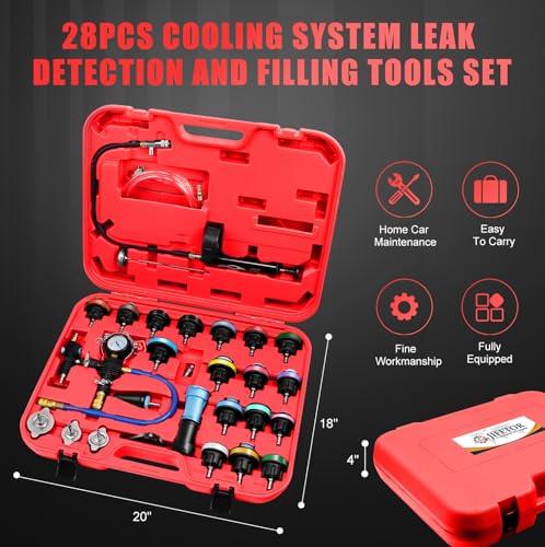 JIFETOR Radiator Pressure Leak Tester Coolant Vacuum Refill Tool 28PCS Kit | Universal Automotive Water Tank Leakage Test Detector & Cooling System Pneumatic Purge Coolant Change Set 21PCS Adapter Caps - color: Red Case