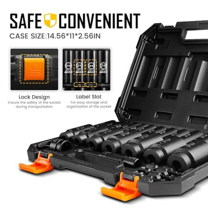 boen 1/2” Drive SAE Impact Socket Set, 3/8" to 1-1/2" Deep Socket, 6-Point Hex Socket with Portable Case, Rugged Construction, CR-V Steel, 24PCS