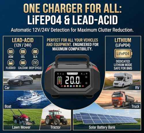 HAUSPROFI 20A Smart Car Battery Charger 12V/24V, Adjustable Current (1A-20A) Automotive Battery Maintainer & Trickle Charger with Pulse Repair, Desulfator for AGM, LiFePO4, Deep Cycle, Boat, RV - 0V A