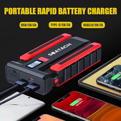 Scatach Jump Starter 5000A, 12V Car Battery Jump Starter Battery Pack (up to 10.0L Gasoline and 8.0L Diesel Engine), Portable Jump Box with Jumper Cable, LED Display, Flashlight - color: light red