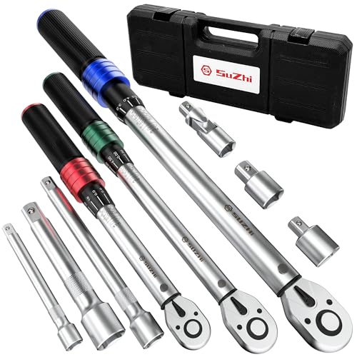 1/4 3/8 1/2 9PC Torque Wrench Set 20-220 In lb,5-45 &10-170 Ft lb,3 extension bar & 3 adapter,3% Accuracy,72 T,Chrome plated,anti-rust,no scratch & wear-resistant than Black,for DIY, bike,car & truck