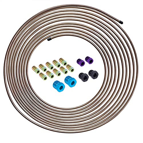 25ft 1/4 Copper-Nickel Brake Line Kit .028" Wall SAE 16 Fittings | Premium copper-nickel alloy tubing, rust-proof, easy hand bend, for brake/fuel line replacement. - size: 1/4, 1 Kit
