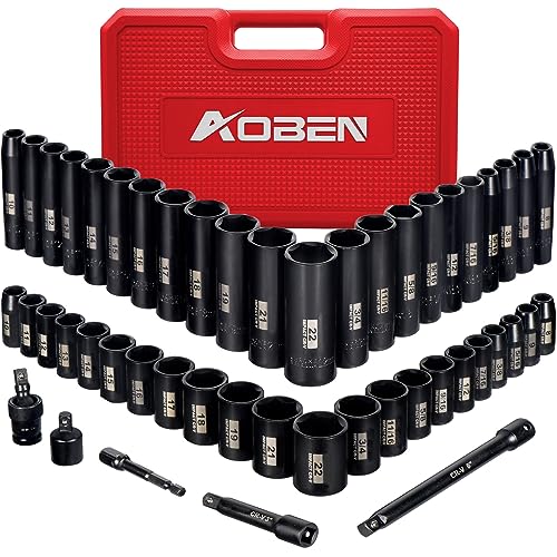 AOBEN 3/8-Inch Drive Impact Socket Set, 49 Pieces,6 Point (5/16" - 3/4", 8mm - 22mm), Deep/Shallow, Includes 3", 6" Extension bars, Universal Joint, 1/2" to 3/8" adaptor, 3/8" Inch Socket Adapter - size: 3/8-Inch 49PCS