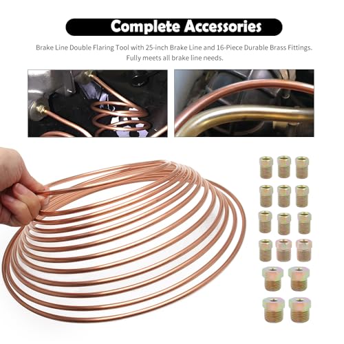 Single & Double Brake Line Flaring Tool Kit with 5 Adapters,25FT 3/16 Brake Line Kit with 16 Fittings,Copper Coated Brakes Lines Repair Kits for Automotive,Fuel,Hydraulic Systems