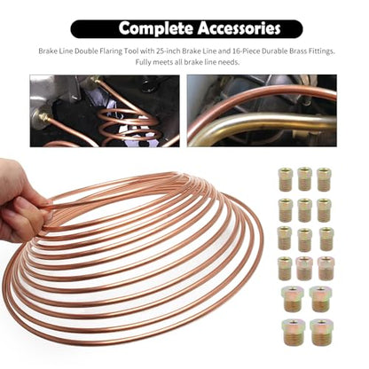 Single & Double Brake Line Flaring Tool Kit with 5 Adapters,25FT 3/16 Brake Line Kit with 16 Fittings,Copper Coated Brakes Lines Repair Kits for Automotive,Fuel,Hydraulic Systems