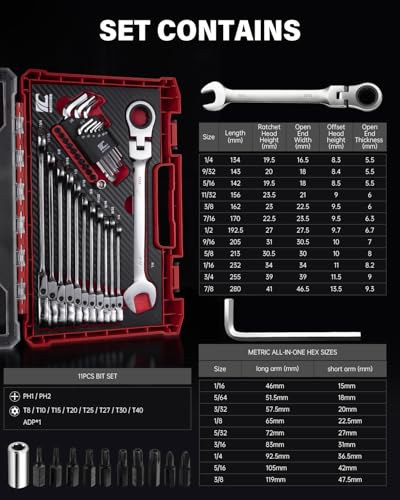 ROTATION 32 Piece SAE Flex-Head Ratcheting Wrench Set, 1/4" to 7/8" Combination Ratcheting Wrenches with Hex Keys, Bits, and 1/4" Adapter, Chrome Vanadium Steel, Includes Storage Case - size: SAE
