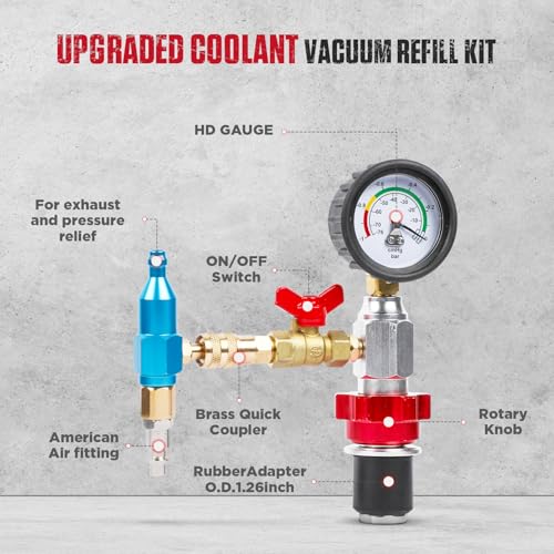 Coolant Vacuum Refill Kit Quick Vacuum Coolant Fill Kit with 5 Universal Adapters, Pressure Gauge, 41 in Fill Hose & 2 Quick Connectors for Most Vehicles