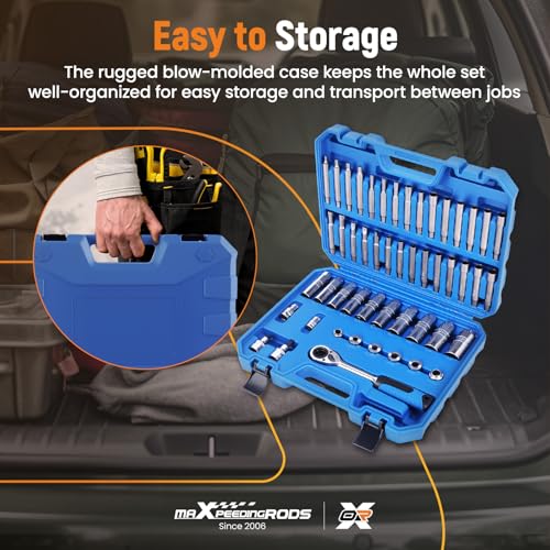 maXpeedingrods 50PCS Strut Nut Socket Set, Shock Absorber Socket Kit, Suspension Strut Top Mount Nut Removal Installer Tool, 3/8" 1/2" Drive Suspension Steering Hub Shock Absorber Ratchet Wrench Set - style: 50 Pcs