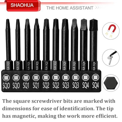 10PCS Square Drill Bit, 2.36" Magnetic Head Robertson Screwdriver, 1/4 Inch Hex Shank Square Bit Set Sizes #0,1,2,3 and #4, PREMIUM S2 Alloy Steel Robertson Driver Bits, Pocket Hole Screw Drill Bit - style: B. Square Screwdriver Bits