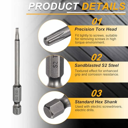 HARFINGTON 10pcs T10 Torx Head Screwdriver Bit 1/4" Hex Shank 3" (75mm) Long Magnetic No Hole Tip Tamper Proof 6 Point Star Screw Driver Drill Bits S2 Steel Industrial Power Screwdrivers - size: T10 x 3"