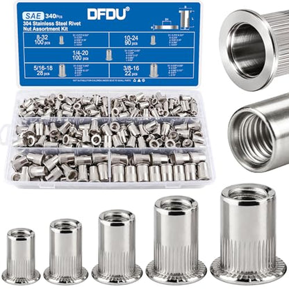340Pcs Rivet Nut Assortment Kit, SAE Rivnut Set #8-32#10-24 1/4"-20 5/16"-18 3/8"-16 UNC 304 Stainless Steel Nutsert Flat Head Knurled Body Threaded Inserts for Metal, Automotive, DIY - size: SS SAE kits 340pcs