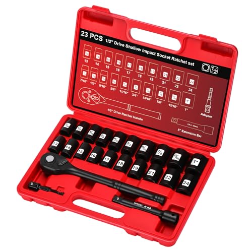 1/2" Drive Impact Socket Set, 23-Piece Shallow Socket, SAE (7/16 to 1-Inch) & Metric (13-24 mm) Sizes, Ratchet Handle, Adapter, CR-V Steel