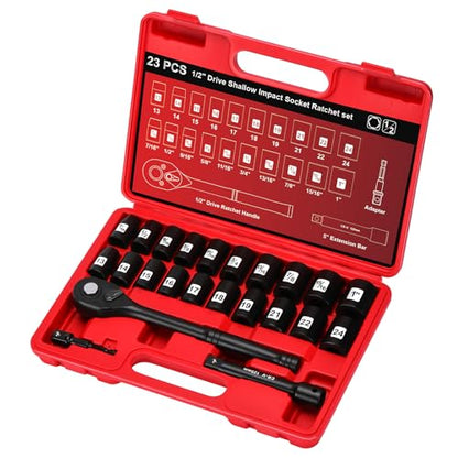 1/2" Drive Impact Socket Set, 23-Piece Shallow Socket, SAE (7/16 to 1-Inch) & Metric (13-24 mm) Sizes, Ratchet Handle, Adapter, CR-V Steel