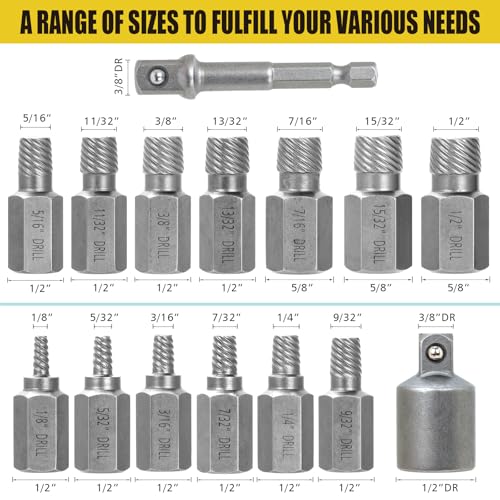 15 PCS Screw Extractor Set with 3/8" Inch Drive, Hex Head Multi-Spline Easy Out Allen Screw Extractor Kit Stripped Bolt Removal Tool for Removing Broken Rounded Rusted Bolts Screws Nuts(Yellow)